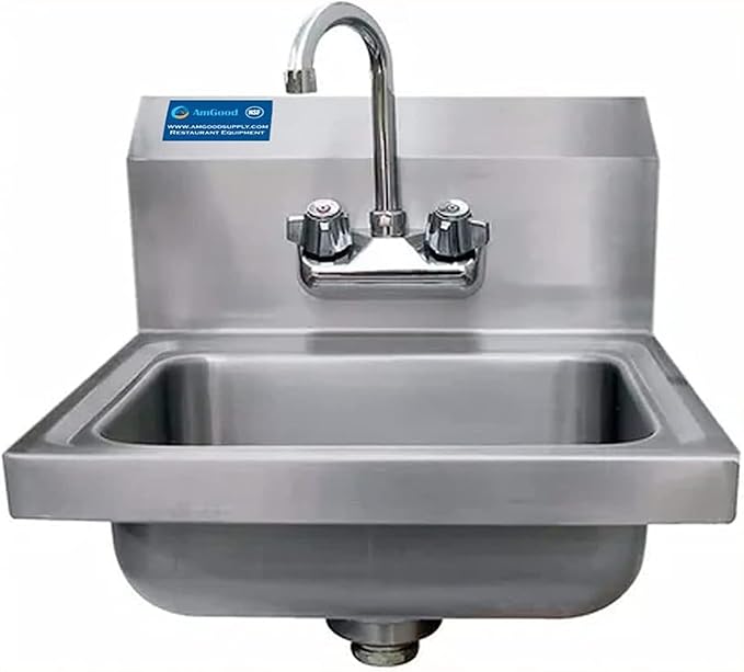 Express KitchQuip Commercial Hand Wash Sink – 15" x 17" Wall Mounted Stainless Steel Basin with Gooseneck Faucet | NSF Certified