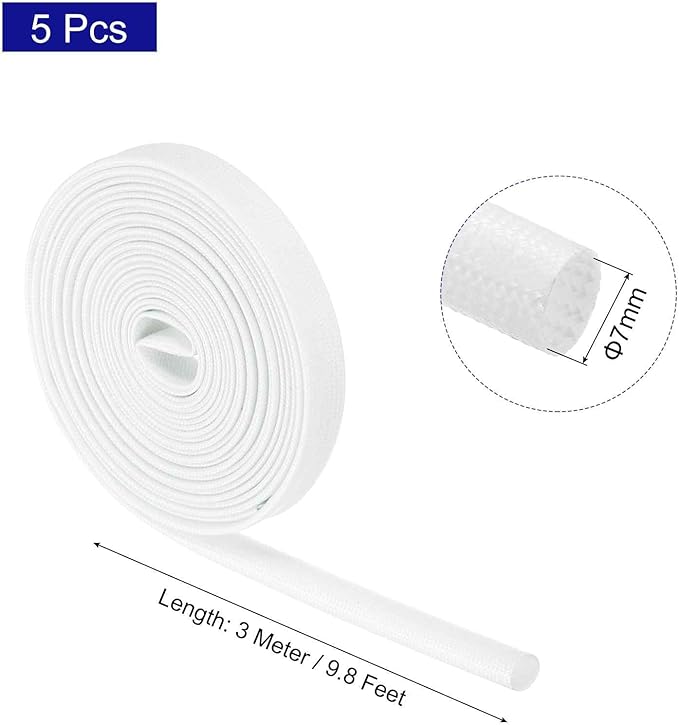 MECCANIXITY 5Pcs Wire Insulation Braid Fire Sleeve,9.8Ft-7mm ID White, High Temp Silicone Coated Fiberglass Sleeving for Automotive Hose Lines Electrical Wiring