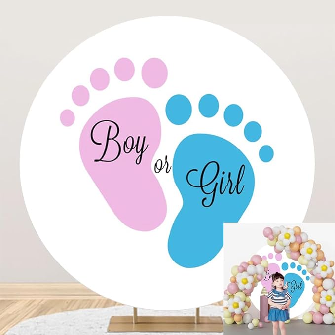 OERJU Round Gender Reveal Backdrop Cover Baby Feet Round Backdrop Blue or Pink Boy or Girl Circle Backdrop Cover Newborn Baby Shower Pregnancy Surprise Party Decorations Photography Background 4ft