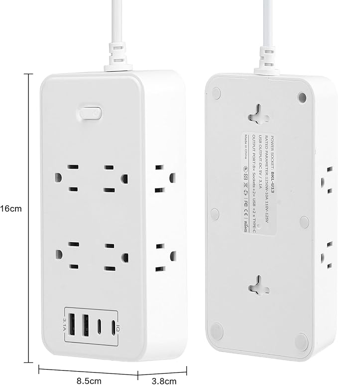 10FT Power Strip Extension Cord Surge Protector with 8 Outlets and 2 USB & 2 USB-C Port(5V 3.1A),Bold Extension Cord with Fuse Surge Protected Power Strip for Home Office (White)
