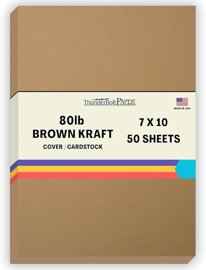 50 Brown Kraft Fiber 80# Cover Paper Sheets - 7X10 Inches Photo|Card|Frame Size - May Fold to 5X7 - Rich Earthy Color with Natural Fibers - 80lb/Pound Cardstock - Smooth Finish