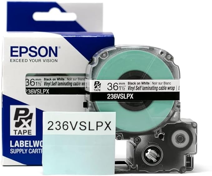 Epson LABELWORKS 236VSLPX-5PK Genuine Tape Cartridge - 5 Pack of Black on White Durable Vinyl Self Laminating Overwrap Industrial Label Maker Tape - 1.5" (36MM) Wide, 26.2 ft - 5 Pack