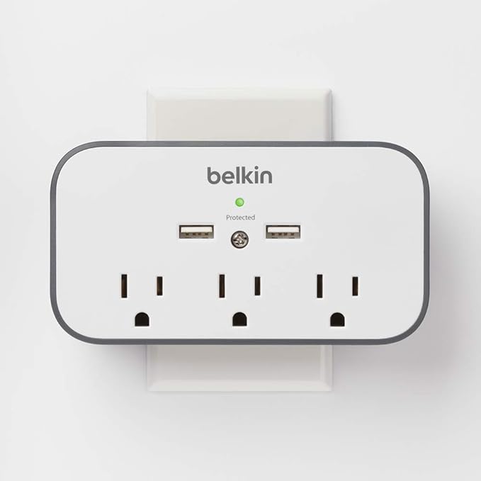 Belkin Wall Surge Protector - 3 Outlet w/ 2 USB Ports Mount with Premium Protection Against Surges Safe Charge for Mobile Devices, Tablets & More (540 Joules)