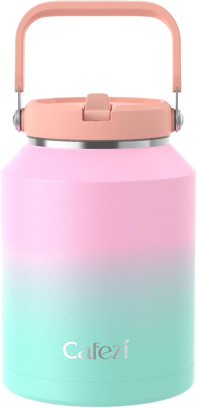 Half Gallon Insulated Water Bottle with Flip Straw, Vacuum Insulated Stainless Steel Jug with Top Handle, Leak-Proof Lid, Sweat-Free, Wide Mouth, Keeps Ice Cold up to 34 Hours