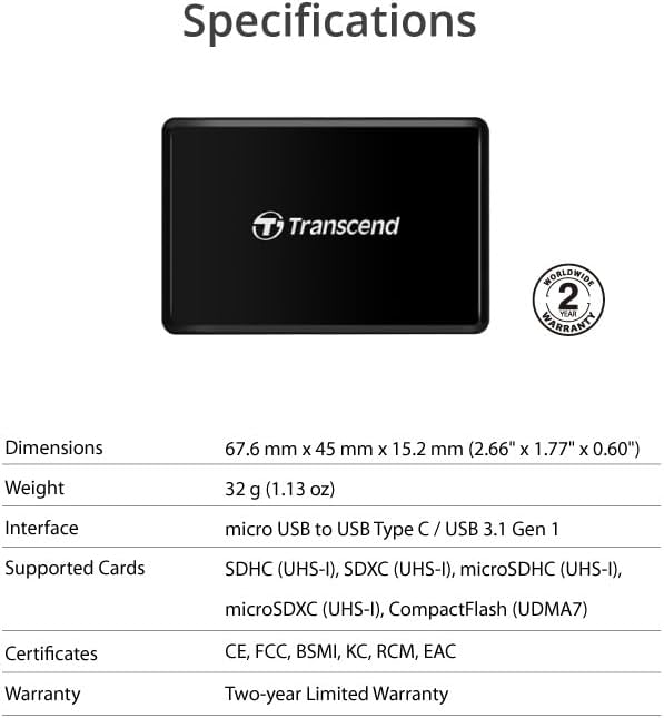 Transcend USB 3.1 Gen 1 Type-C All-in-1 Multi-Card Reader (CF/SD/SDHC/SDXC/microSD)