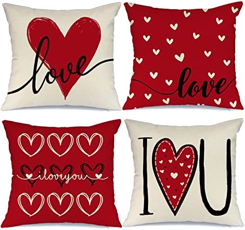 GEEORY Valentines Day Pillow Covers 20x20 Set of 4 Love Heart Valentines Day Throw Pillows Decorative Cushion Cases Valentine Decorations