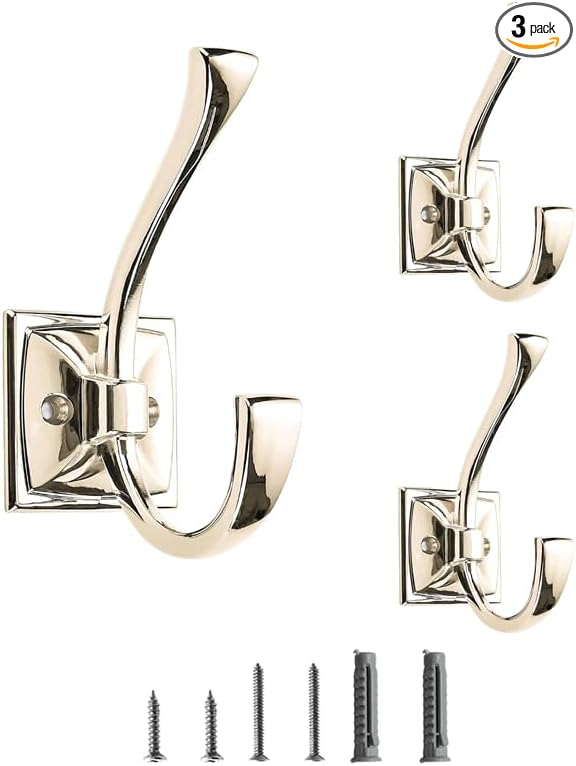 3 Pack Decorative Heavy Duty Towel Hooks for Hanging Robe Double Polished Nickel Coat Hooks Wall Mounted with Screws for Key, Towel, Bags, Cup, Hat