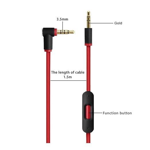 EARLA TEC Replacement Audio Cable Cord Wire with in line Microphone and Control for Beats by Dr Dre Headphones Solo Studio Pro Detox Wireless Mixr Executive Pill (Black Red)
