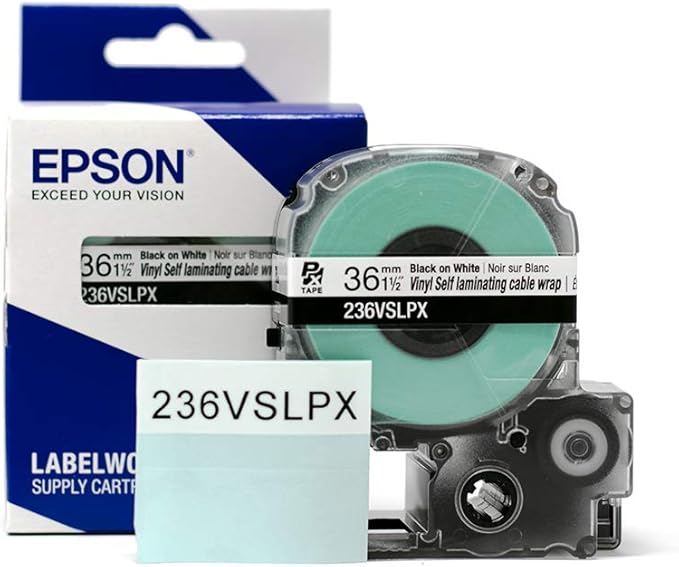 Epson LABELWORKS 236VSLPX Genuine Tape Cartridge - Black on White Flexible and Durable Vinyl Self Laminating Overwrap Industrial Label Maker Tape - 1.5" (36MM) Wide, 26.2 ft