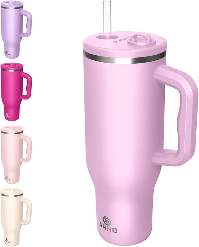 34HD 40 oz Stainless Steel Tumbler - Leakproof Insulated Water Bottle with Handle, Magnetic Lid and Flexible Straw - Iced for 48 Hours – Perfect for Men, Women, Birthday Gift, Pink - Blush Petal