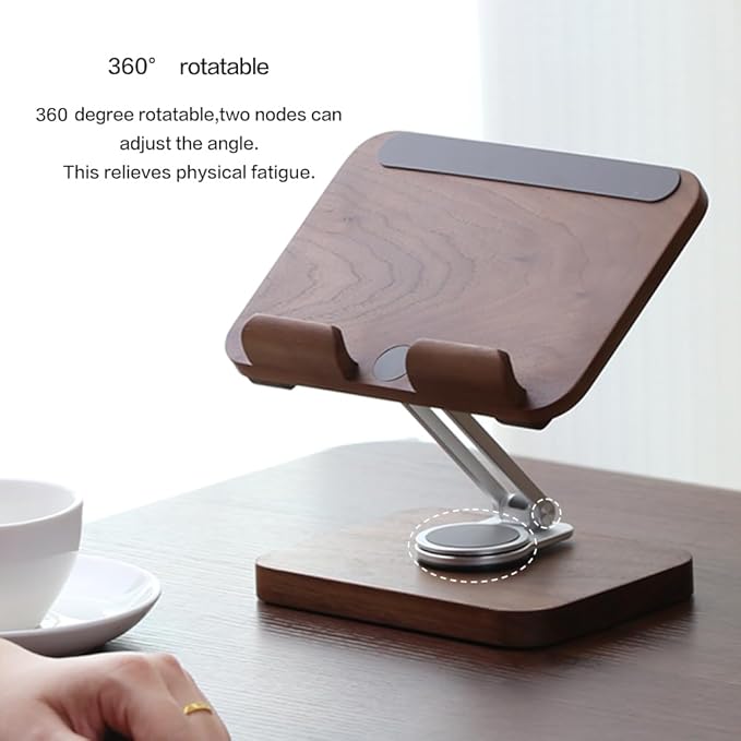 Adjustable Tablet Stand for Desk - Walnut Wood Portable Tablet Holder with Customizable Height & Angle, Sturdy Dock for iPad Pro/Air/Mini, Kindle, E-Reader, Phone & Small Laptops (Home/Office Use)