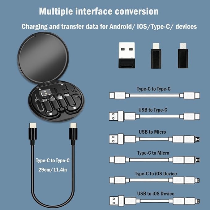 USB C Adapter Cable Kit, Multi Charging Cable Case Convertor USB C to iOS Device/Type C/Micro/USB A Adapter, Data Transfer Contains Card Slot for Traveling, Use as Phone Holder (Black)