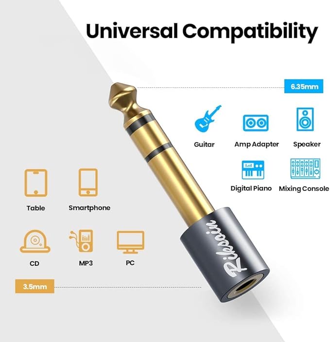 RIKSOIN Headphone Adapter, 2-Pack 6.35mm (1/4 Inch) Male to 3.5mm (1/8 Inch) Female Stereo Audio Adapter [Gold Plated, Hi-Fi Sound] for Amp Adapter, Guitar, Digital Piano, Microphones, Speaker
