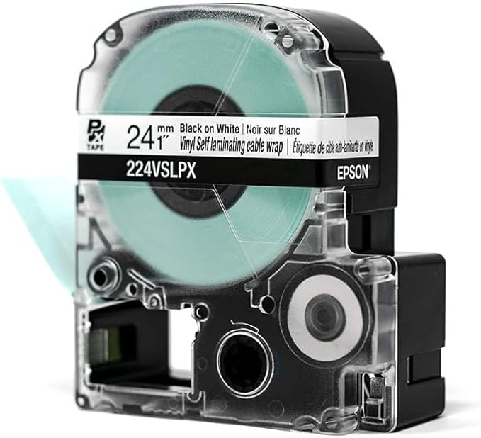 Epson LABELWORKS 224VSLPX-5PK Genuine Tape Cartridge - 5 Pack Black on White Flexible and Durable Vinyl Self Laminating Overwrap Industrial Label Maker Tape - 1" (24MM) Wide, 26.2 ft 5 Cartridges