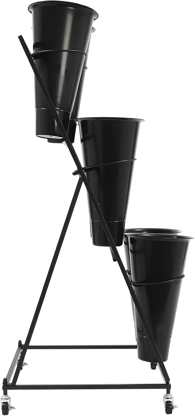Flower Display Stand with 6 Buckets, 3 Layer Metal Plant Stand Indoor with Wheels, Heavy Duty Moving Flower Cart Flower Rack for Outdoor Patio, Garden, Florist