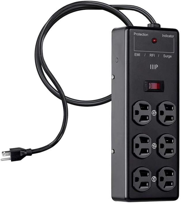 Monoprice Metal Surge Protector Heavy Duty Power Box - 6 Outlet - Black with 6 Feet Cord/Cable, 540 Joules, UL Certfied