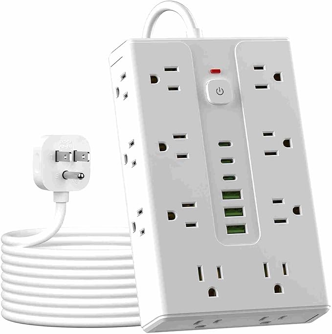 Power Board Surge Protector with 16 sockets, Equipped with 3 USB A and 3 USB C Ports, Suitable for Various Devices, Including Home, Office, and Dormitory (white6.5T)