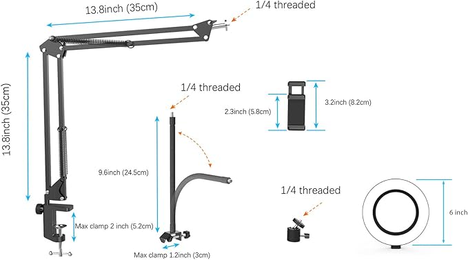 Overhead Camera Mount with Ring Light, Flexible Articulating Phone Arm Stand Compatible with iPhone, Logitech Webcam, Desk Tripod for YouTube Live Stream Cooking Nail Video Recording