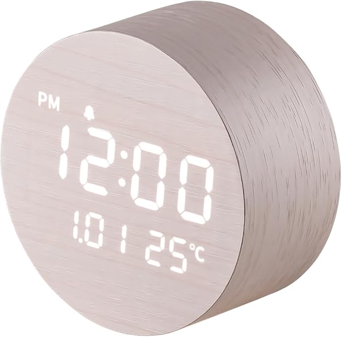 FLT Moonfall Wood Interior LED Desk Clock-White (Designed in Korea)- Time, Date, Temperature Display, Customizable Alarms, Auto Brightness, Compact 3.46-Inch Size, USB Cable & Adapter Included