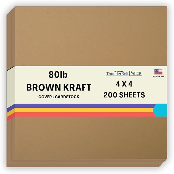 200 Brown Kraft Fiber 80# Cover Paper Sheets - 4" X 4" (4X4 Inches) Small Square Card Size - Rich Earthy Color with Natural Fibers - 80lb/Pound Cardstock - Smooth Finish