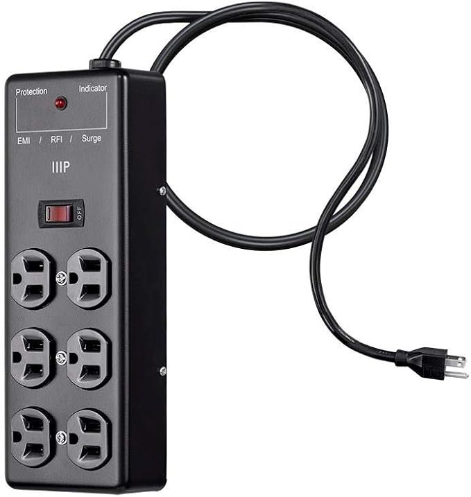 Monoprice Metal Surge Protector Heavy Duty Power Box - 6 Outlet - Black with 6 Feet Cord/Cable, 540 Joules, UL Certfied