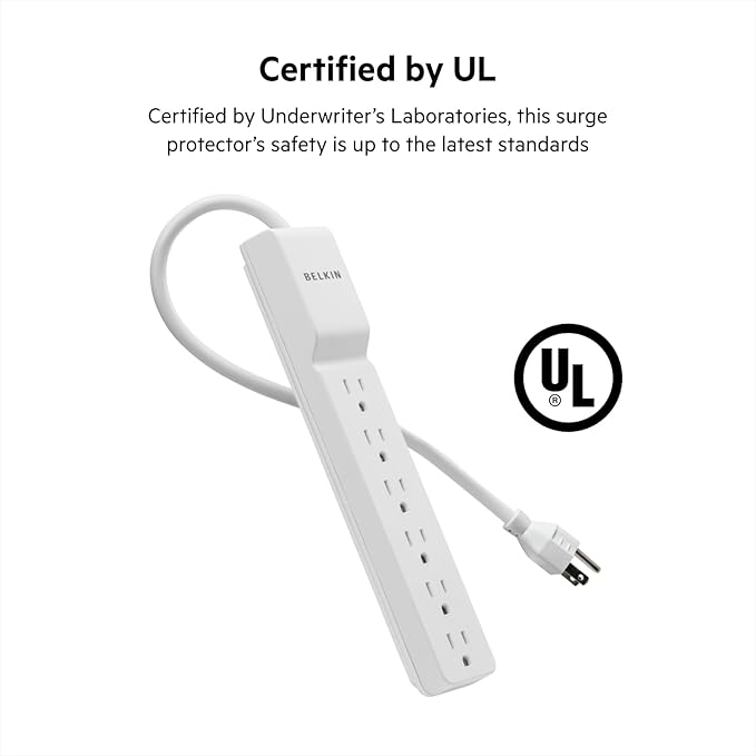 Belkin 6-Outlet Surge Protector Power Strip, UL-Listed w/ 6 AC Outlets & 10ft/3M Cord, ABS, Overload and Overvoltage Protection for Personal Electronics, Small Appliances, & More - 720 Joules