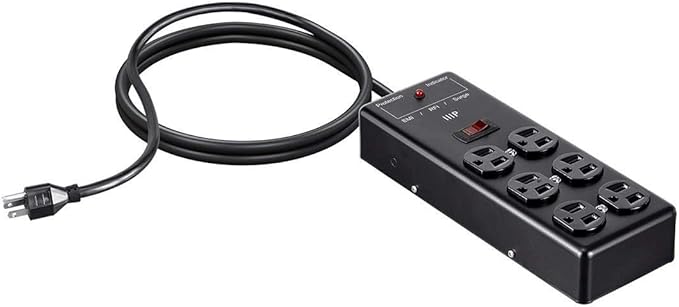 Monoprice Metal Surge Protector Heavy Duty Power Box - 6 Outlet - Black with 6 Feet Cord/Cable, 540 Joules, UL Certfied