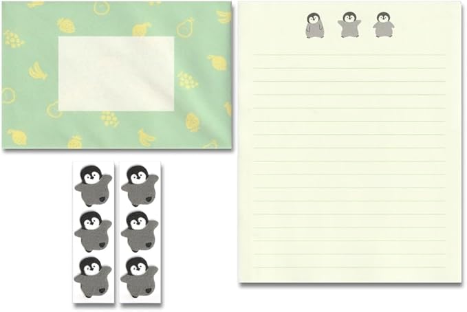 KUDOS.JP Cute Kawaii Japanese Stationery Letter Writing Paper with 12 Writing Papers and 6 Envelopes and Penguin Fluffy 6 Sealing Gift Set for Teen, Girls, Kids