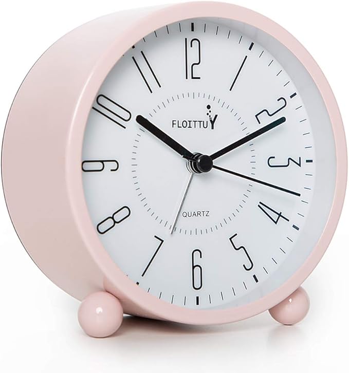 FLOITTUY Super Silent Metal Alarm Clock,Beep Wake Round Alarm Clock with Night Light,Battery Operated,Easy Set,Simple & Retro for Desk, Bedroom and Home Decoration(Pink)