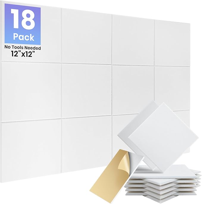 Focusound 18 Pack Sound Proof Panels for Walls, Self-Adhesive Acoustic Panels Sound Absorbing, 12" X 12" X 0.4" High Density White Square Soundproof Wall Panels