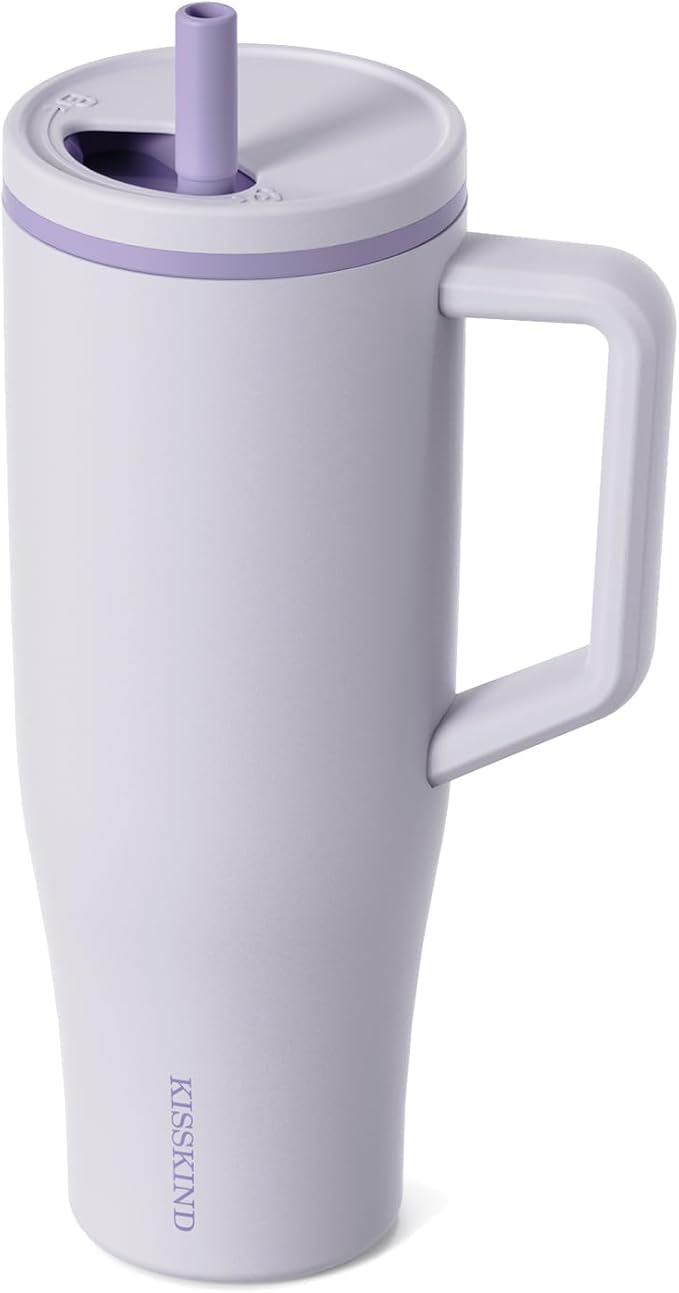 KISSKIND 40 oz Tumbler with Handle and Straw | Lumi Spin Hidden Straw 100% Leakproof Insulated Tumbler | Stainless Steel Water Bottle for Mom, Nurse, Teacher | Lavender