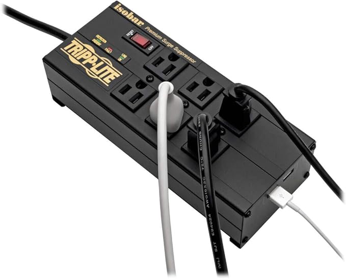 Tripp Lite Isobar 6 Outlet Surge Protector Power Strip with 2 USB Charging Ports,10ft Long Cord, Right-Angle Plug, Metal, 3840 Joules,Lifetime Limited Warranty & $50K Insurance (IBAR6ULTRAUSBB)Black