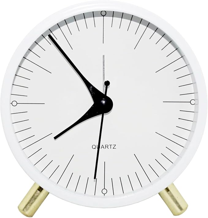 SHISEDECO Alarm Clock with Backlight, 4.5 inches Bedside Analog Non-Ticking Silent Small Deskclock with Arabic Numerals, Battery Operated Round Tableclock for Living Room, Bedroom (White-S)