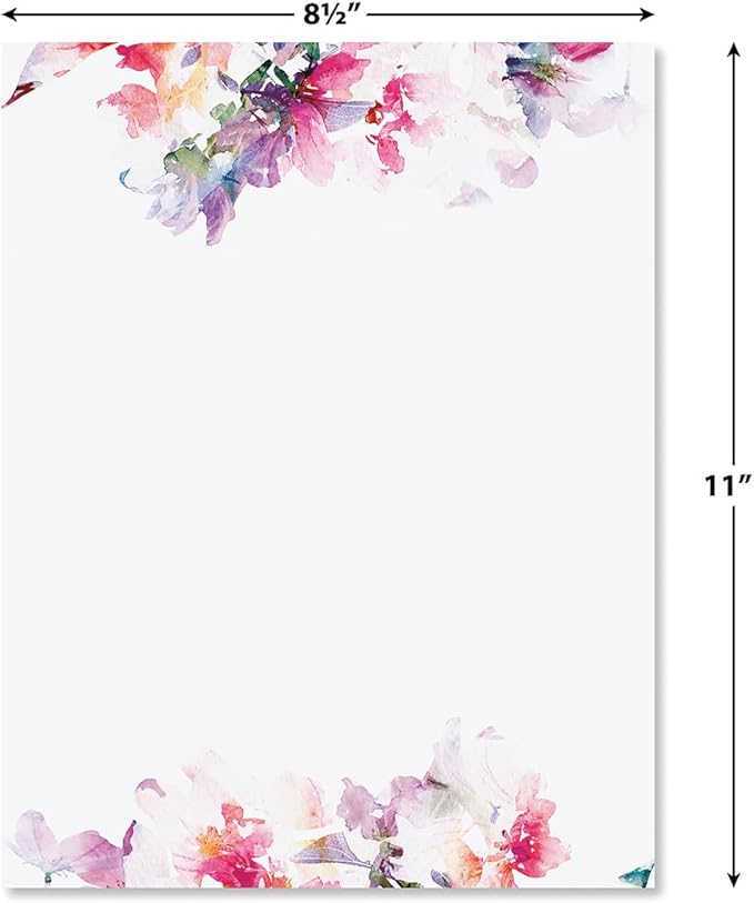 Current Brushed Floral Letter Paper - Spring Stationery Papers With Decorative Flower Border, Printable Holiday, Wedding & Bridal Shower, & Invitation Sheets, Set of 25, 8 1/2" x 11"