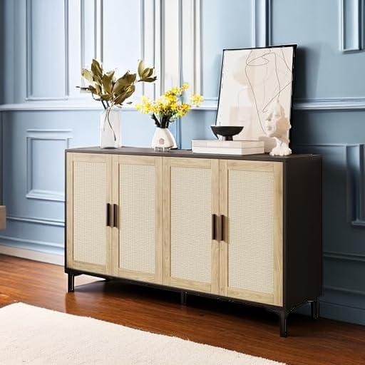 JASIWAY Buffet Cabinet with Storage, 48" Rattan Sideboard with Adjustable Shelves, Modern Coffee Bar Cabinet Console Table with Doors, Credenza for Kitchen, Living Room, Entryway, Dining Room, Black