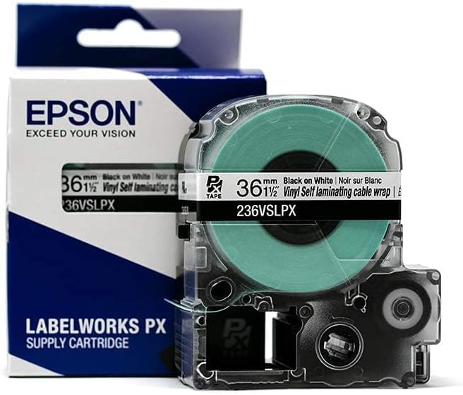 Epson LABELWORKS 236VSLPX-5PK Genuine Tape Cartridge - 5 Pack of Black on White Durable Vinyl Self Laminating Overwrap Industrial Label Maker Tape - 1.5" (36MM) Wide, 26.2 ft - 5 Pack