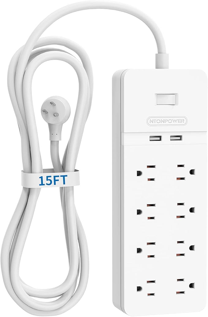 Flat Plug Extension Cord 15Ft - NTONPOWER 8 Outlets Surge Protector Power Strip with 2 USB, Overload Protection, 1080 Joules, ETL Listed, 15A/1850W, Wall Mountable for Home Office and Workbench, White
