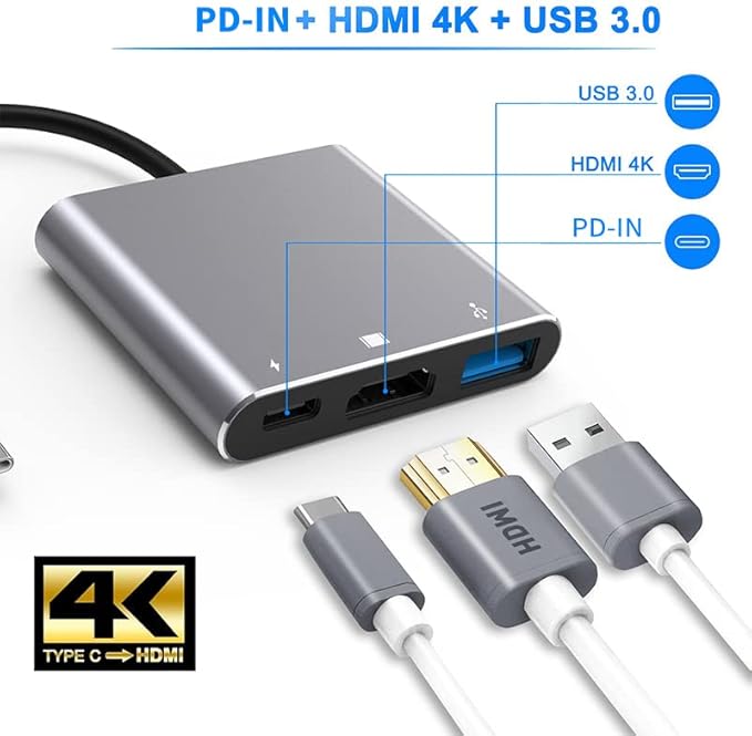 Battony Multiport AV Adapter with 4K HDTV Output USB 3.0 Port & USB-C Fasting Charging Port Compatible for MacBook Pro M1/16-20 Air M1/18-20 Ipad pro iMac and Other usbc Devices