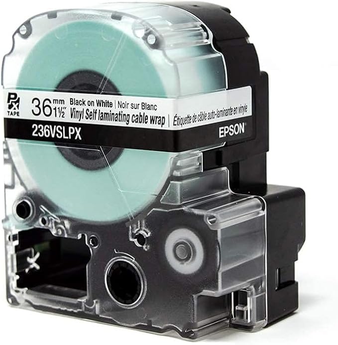 Epson LABELWORKS 236VSLPX-5PK Genuine Tape Cartridge - 5 Pack of Black on White Durable Vinyl Self Laminating Overwrap Industrial Label Maker Tape - 1.5" (36MM) Wide, 26.2 ft - 5 Pack