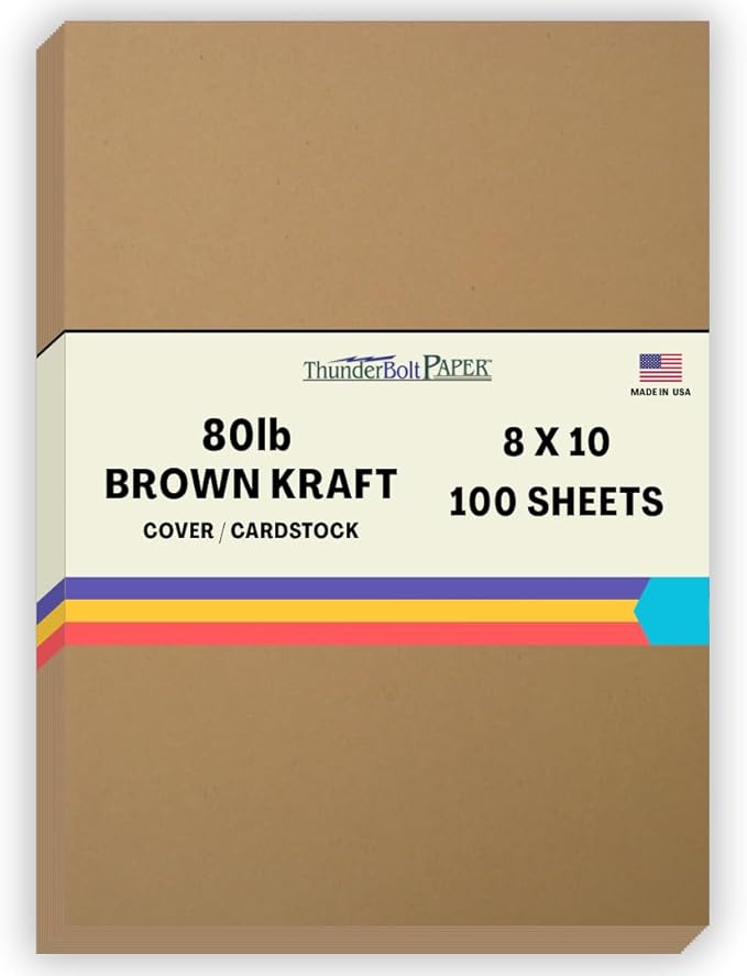 100 Brown Kraft Fiber 80# Cover Paper Sheets - 8" X 10" (8X10 Inches) Photo|Picture-Frame Size - Rich Earthy Color with Natural Fibers - 80lb/pound Cardstock - Smooth Finish