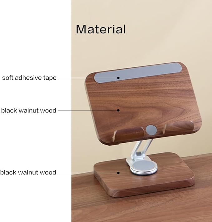 Adjustable Tablet Stand for Desk - Walnut Wood Portable Tablet Holder with Customizable Height & Angle, Sturdy Dock for iPad Pro/Air/Mini, Kindle, E-Reader, Phone & Small Laptops (Home/Office Use)