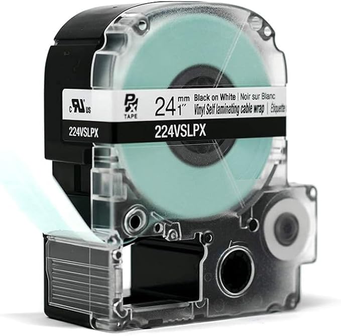 Epson LABELWORKS 224VSLPX-5PK Genuine Tape Cartridge - 5 Pack Black on White Flexible and Durable Vinyl Self Laminating Overwrap Industrial Label Maker Tape - 1" (24MM) Wide, 26.2 ft 5 Cartridges