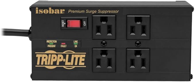 Tripp Lite Isobar 4 Outlet Surge Protector Power Strip with 2 USB Charging Ports, 8ft Long Cord, Right-Angle Plug, Metal, 3330 Joules, Lifetime Limited Warranty & $50K Insurance (IBAR4ULTRAUSBB)