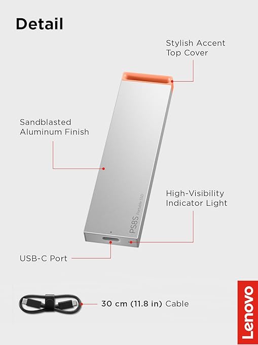 Lenovo PS8S 512GB Portable SSD, Up to 1050MB/s Read, 1000MB/s Write, USB 3.2 USB-C, Slim Lightweight (40g) Aluminum Body, Reliable Storage for PC/Mac & Android