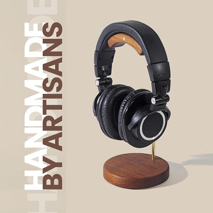 Unchained Workshop Handmade Brass and Wood headphone stand, Headset Stand for Desk, compatible with all models