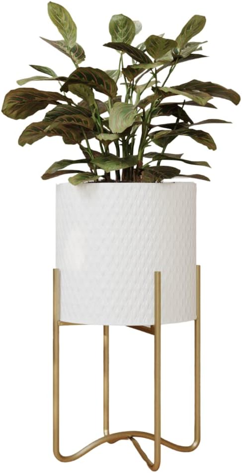 EverNest Claire Mid-Century Modern White Plant Pot with Ambrose Stand, SelectBase, Indoor Planter, Bohemian Style, Minimalist Plant Home Décor (Medium, Gold)