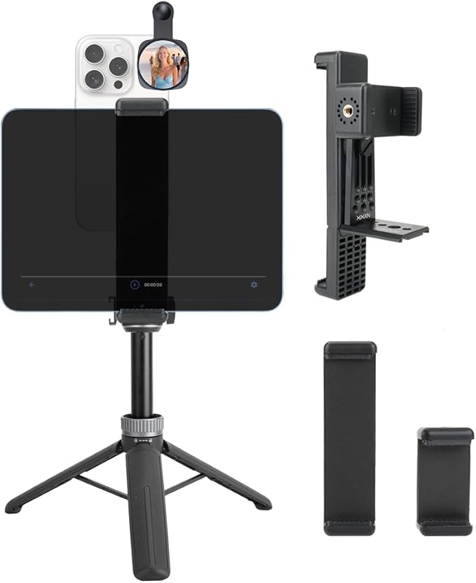Large Screen Teleprompter Holder for Tablet/Phone with Extendable Tripod, Dual-Clamp Design with Interchangeable 3 Sizes of Clamps. Perfect for Live Streaming/Recording/Video Conference