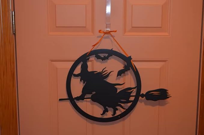 RealSteel Witch Halloween Decoration - Metal Broom Riding Décor - Scary Indoor Outdoor Wall Sign for Haunted Houses - Wicked Witch Flying Porch Art - Flying Bats Front Door Art (12, Orange)