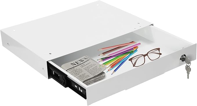 14.17" Under Desk Storage Drawer, Locking Design White Sliding Pull-Out Drawer for Sit Stand Workstation