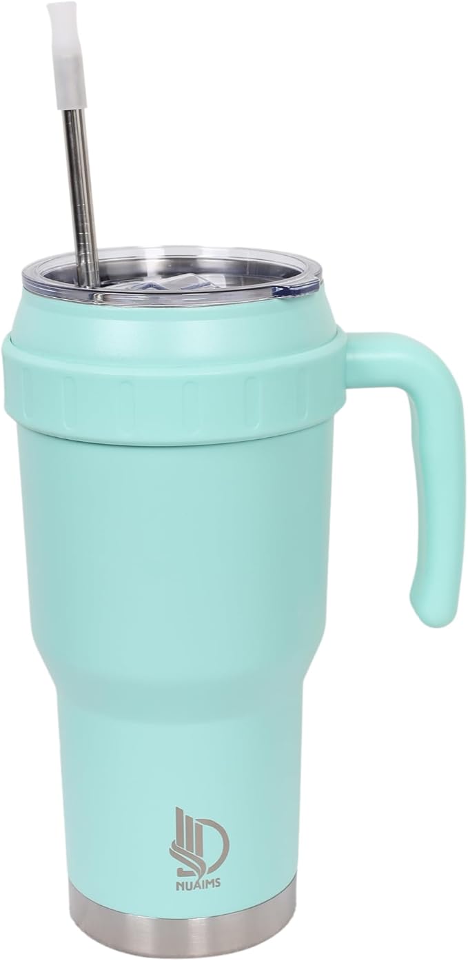 40 Oz Tumbler with Handle & Straw Lid, Insulated Stainless Steel Vacuum Flask, Double Wall Thermal Car Cup for Hot & Cold Drinks, Leak Proof, BPA Free (Mint Blue)